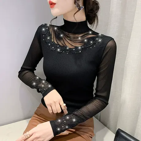 欧货性感网纱拼接T恤女长袖春秋气质半高领打底衫洋气镂空上衣潮商品大图
