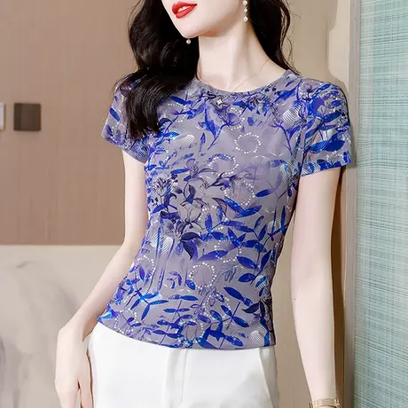 2023夏新款性感网纱短袖T恤女时尚洋气印花上衣复古减龄圆领小衫商品大图