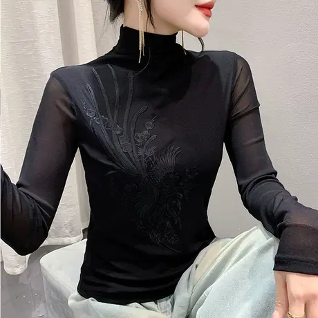 性感透气网纱半高领上衣气质减龄刺绣T恤女长袖洋气修身收腰小衫商品大图