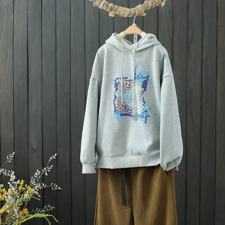 印花加绒卫衣女装秋冬季灰色连帽长袖上衣2021年新款宽松大码外套图片