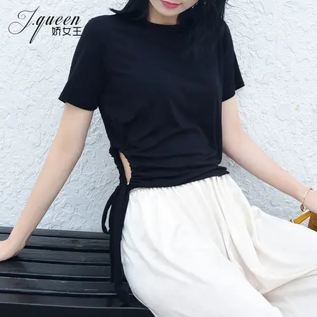纯色短袖t恤女士夏季新款复古基础款设计感抽绳上衣百搭半袖学生商品大图