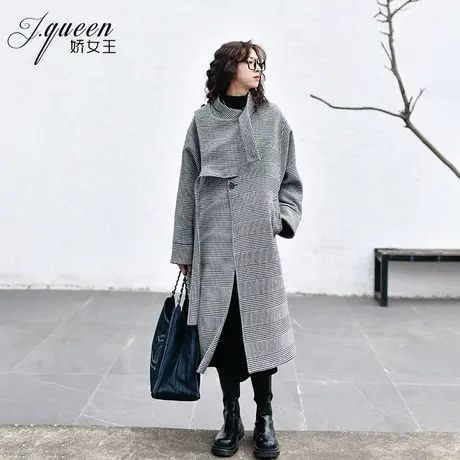千鸟格毛呢外套女中长款秋冬新款复古高级设计感宽松立领呢子大衣商品大图