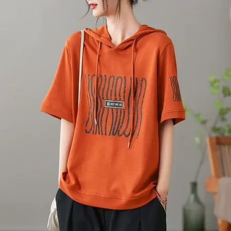 dza复古连帽短袖T恤女2023夏季纯棉打底体恤宽松显瘦外搭套头上衣商品大图