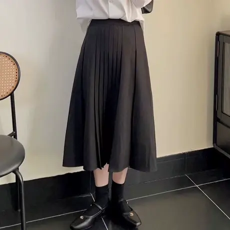半身裙女2023年春秋季新款中裙西装面料a字显瘦遮胯长款百褶裙子图片