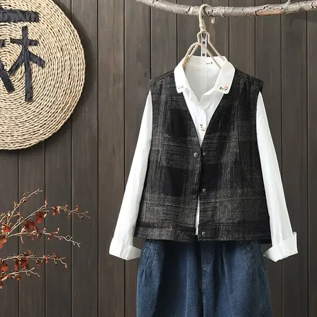 枫谜2022年春装新款新款文艺复古格子牛仔马夹女宽松休闲无袖上衣图片