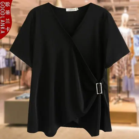 中年妈妈夏装冰丝短袖t恤女200斤大码宽松时尚V领显瘦假两件上衣商品大图