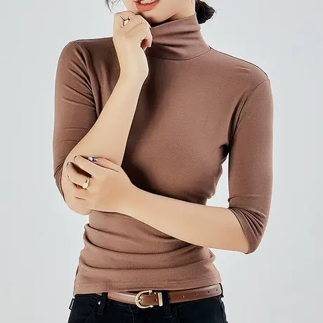 弹力高领半袖打底衫女2022春秋新款修身韩版五分中袖T恤内搭上衣图片