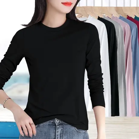 黑色小中半高领打底衫女春秋季修身内搭长袖t恤纯棉大码上衣秋衣图片