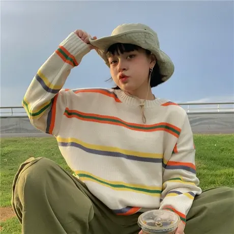 红续条纹毛衣针织衫女2023年秋冬新款宽松复古慵懒风oversize外套图片