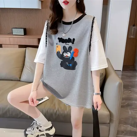 小众设计感短袖t恤女夏韩版宽松大码女装中长款下衣失踪撞色上衣图片