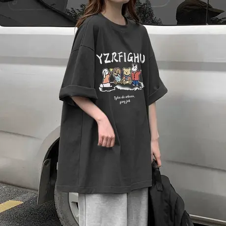 纯棉设计感卡通短袖t恤女夏季2023新款复古港味chic宽松半袖上衣商品大图