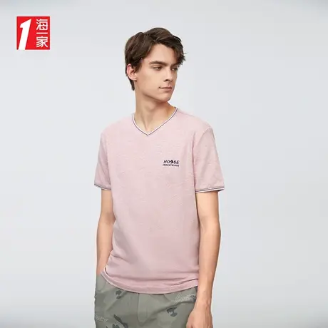 海一家简约V领短T商务休闲质感字母绣花舒适短袖T恤男图片