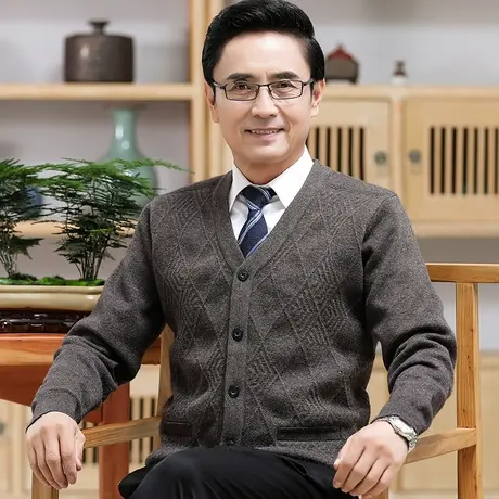 中老年人男士开衫毛衣春秋爸爸装针织外套上衣服羊毛对襟加厚新款商品大图