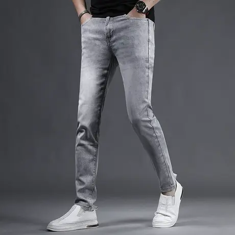 夏季浅灰色牛仔裤男款修身小脚2023新款高端弹力百搭休闲男士裤子商品大图
