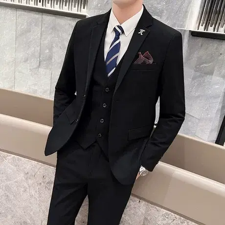 西服套装男商务职业正装结婚礼服英伦风黑色二粒扣休闲修身西装男商品大图