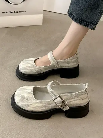 英伦风小皮鞋女2023新款夏季厚底粗跟圆头配裙子法式复古玛丽珍鞋商品大图