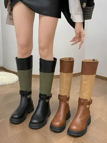 复古西部牛仔靴女2023春秋新款厚底高筒骑士靴后拉链不过膝长筒靴图片