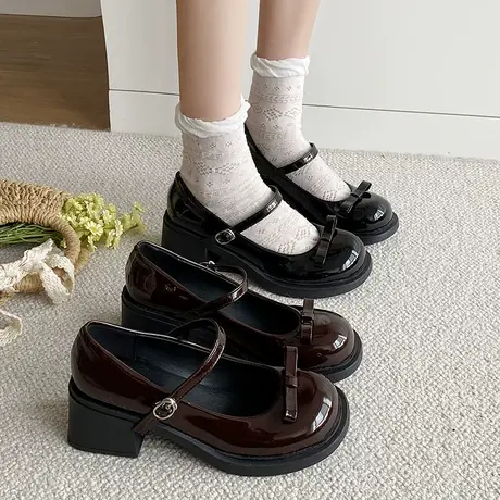 玛丽珍鞋女夏2023年新款漆皮粗跟高跟鞋蝴蝶结气质名媛公主小皮鞋商品大图