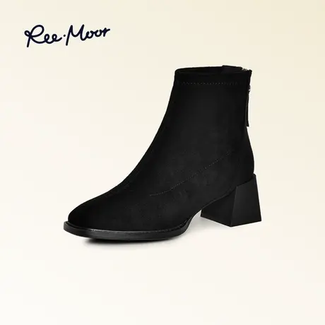 REEMOOR睿慕绒面法式方头加绒棉鞋冬针织弹力靴黑色瘦瘦靴短靴女图片