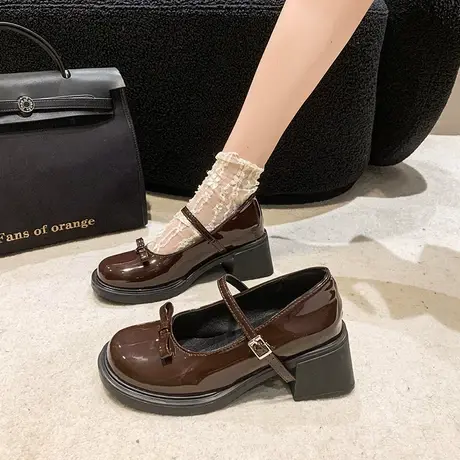 粗跟玛丽珍小皮鞋女2023秋季新款气质配裙浅口蝴蝶结一字扣带单鞋商品大图