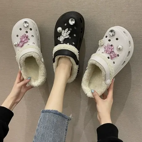 2023秋冬卡通可爱洞洞鞋外穿厚底棉拖鞋女松糕防滑拖鞋室内保暖鞋图片