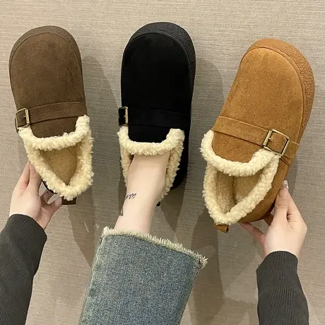 复古时尚皮带扣棉拖鞋女冬季可外穿毛绒保暖厚底室内居家包跟棉鞋商品大图