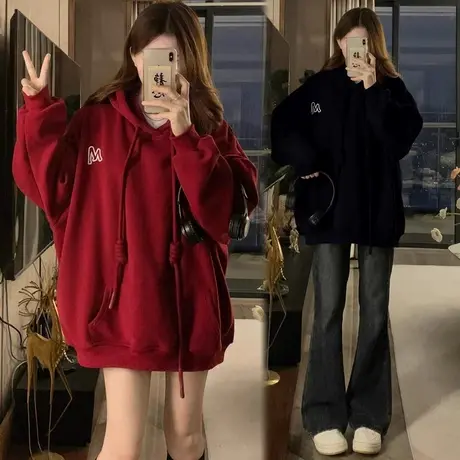 大码美式慵懒风连帽卫衣女春秋新款胖mm显瘦宽松套头上衣2-300斤商品大图
