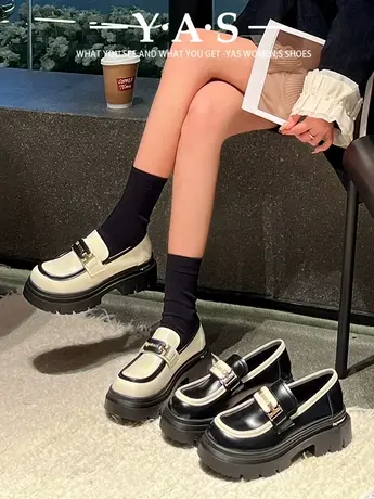 金属扣厚底乐福鞋女2024新款秋季粗跟深口单鞋学院风一脚蹬小皮鞋图片