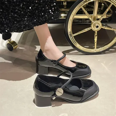 复古方头玛丽珍鞋女2024年春夏季新款法式粗跟单鞋配裙子小皮鞋潮商品大图