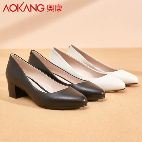 奥康女鞋春秋新品时尚园头真皮粗跟浅口女单鞋职业工作鞋图片