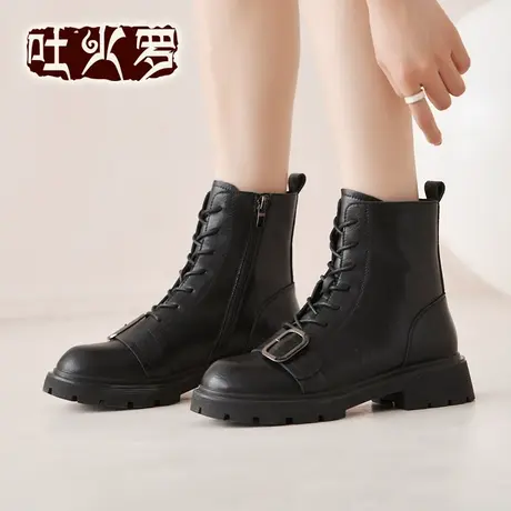 吐火罗女鞋2021新款圆头显瘦ins潮马丁靴女厚底英伦风皮带扣短靴商品大图