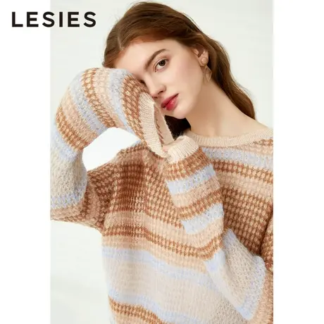 LESIES蓝色倾情春秋新款圆领落肩袖绵羊毛套头毛衣条纹针织衫图片
