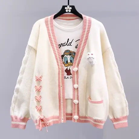 日系学院风卡通毛衣外套女秋冬2023新款宽松设计感系带针织开衫商品大图