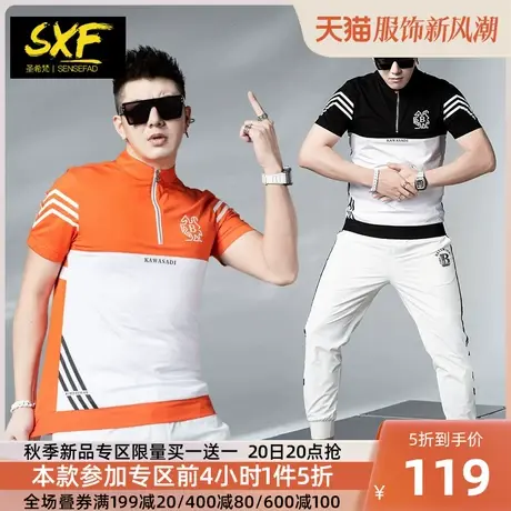 SXF圣希梵男士短袖2023新款 夏季潮牌印花上衣 拉链立领修身T恤男商品大图