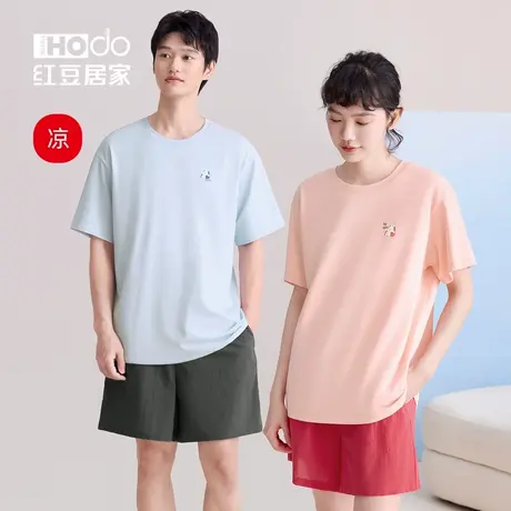 红豆纯棉睡衣夏季情侣短袖短裤套头可外穿薄款T恤宽松男女家居服图片