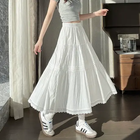 时尚百搭半身裙2025年春季新款女高腰显瘦百搭纯色蕾丝边长裙图片