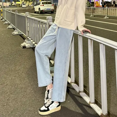 唐狮春季新款女牛仔裤宽松抽绳直筒裤显瘦高腰百搭时尚裤子女图片