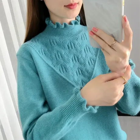 秋冬新款荷叶领毛衣女内搭宽松针织衫加厚上衣2023年半高领打底衫商品大图