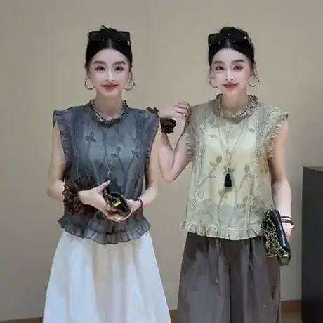 韩版时尚重工刺绣木耳边无袖衬衫女夏新款百搭气质高级感花边上衣图片