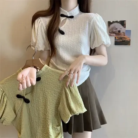 立领盘扣短袖T恤女夏季修身韩版短款小个子新中式国风泡泡袖上衣图片