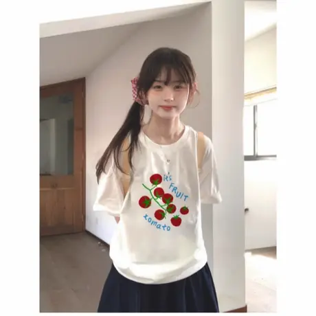 纯棉夏季新款番茄印花白色短袖t恤女宽松小个子百搭设计感上衣ins商品大图