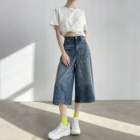 七分复古阔腿牛仔短裤女春夏季高腰6分显瘦宽松小个子中筒直筒裤图片