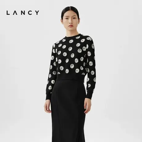 [朗姿奥莱]LANCY/朗姿春季新款圆领长袖薄款羊毛针织衫女简约撞色图片