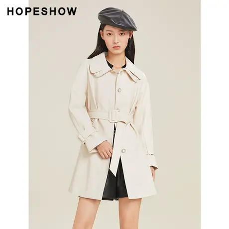 红袖outlets系带PU皮风衣hopeshow春季新款女装单排扣双层领大衣商品大图