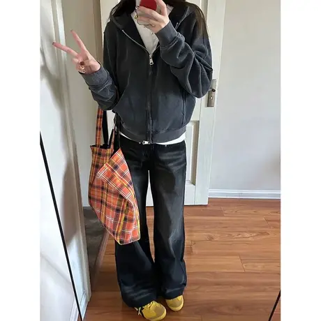 纯棉连帽卫衣女春秋ins潮百搭宽松显瘦学生薄款拉链开衫上衣外套商品大图