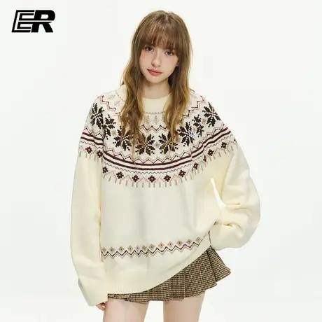 ER费尔岛提花套头针织衫毛衣女早秋新款慵懒风软糯通勤穿搭上衣商品大图