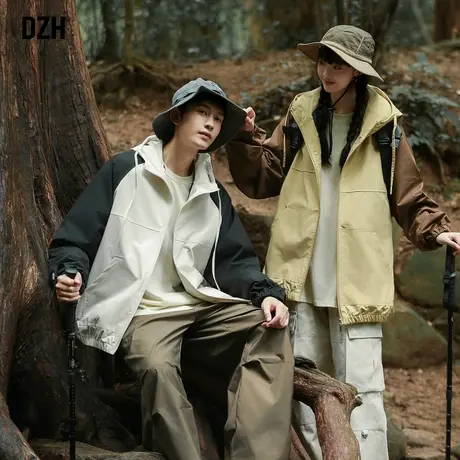 情侣山系拼接外套男秋季潮高级感休闲连帽冲锋衣男款2023新款夹克商品大图