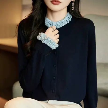 小香风木耳边针织衫开衫女外搭秋冬羊毛混纺百搭长袖毛衣外套上衣商品大图
