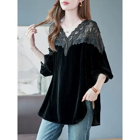 宝诗黎V领钉珠蕾丝拼接丝绒雪纺衫早秋长袖宽松减龄上衣2023新款商品大图