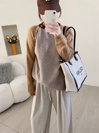 斜边扣拼色圆领针织衫女2023年新款秋冬韩版宽松百搭套头打底毛衣商品大图